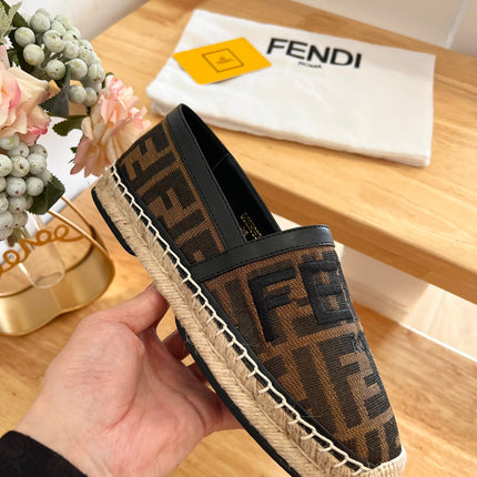 FENDI 26S ESPADRILLE LOAFERS IN DARK BROWN AND BLACK CANVAS STYLE 1