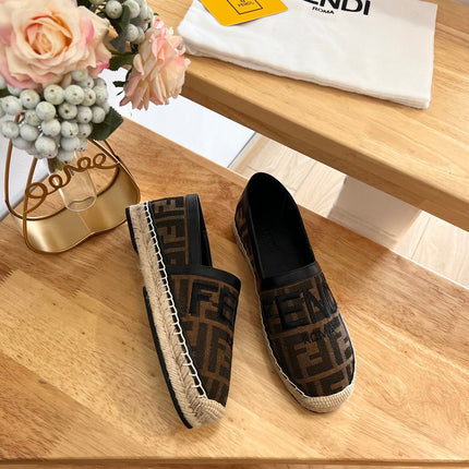 FENDI 26S ESPADRILLE LOAFERS IN DARK BROWN AND BLACK CANVAS STYLE 1