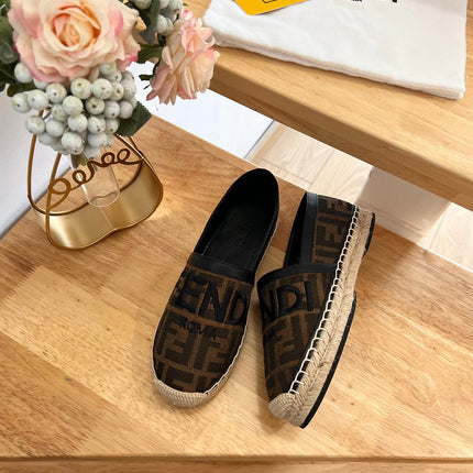 FENDI 26S ESPADRILLE LOAFERS IN DARK BROWN AND BLACK CANVAS STYLE 1