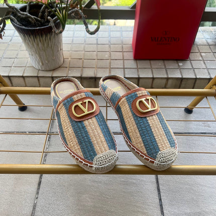 VALENTINO 26S ESPADRILLE MULES IN BLUE AND BEIGE RAFFIA