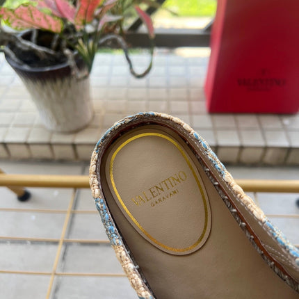 VALENTINO 26S ESPADRILLE MULES IN BLUE AND BEIGE RAFFIA