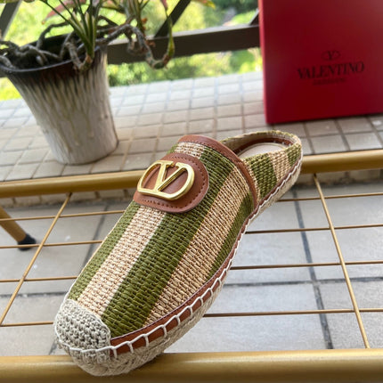 VALENTINO 26S ESPADRILLE MULES IN GREEN AND BEIGE RAFFIA