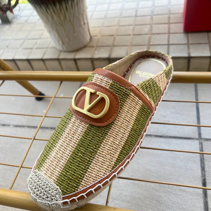 VALENTINO 26S ESPADRILLE MULES IN GREEN AND BEIGE RAFFIA