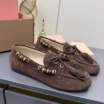 MIUMIU 26S TASSEL LOAFERS IN DARK BROWN SUEDE BEADED TRIM