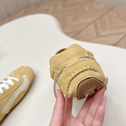 PRADA 26S CLASSIC SNEAKERS IN YELLOW SAND SUEDE AND MESH