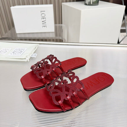 LOEWE 26S FLAT SANDALS IN DARK RED CALFSKIN WITH CRYSTALS