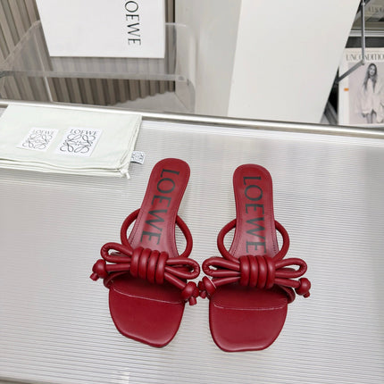 LOEWE 26S KITTEN HEEL KNOT SANDALS 45MM IN BURGUNDY RED CALFSKIN