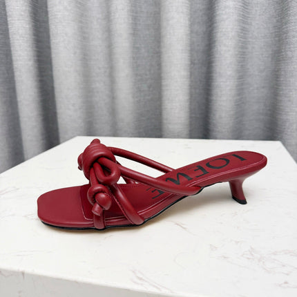 LOEWE 26S KITTEN HEEL KNOT SANDALS 45MM IN BURGUNDY RED CALFSKIN