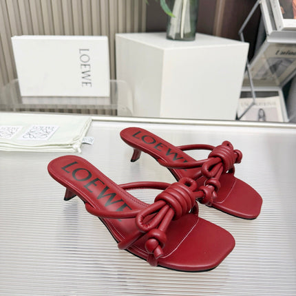 LOEWE 26S KITTEN HEEL KNOT SANDALS 45MM IN BURGUNDY RED CALFSKIN