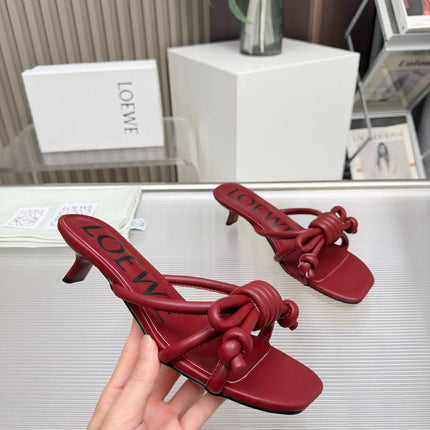 LOEWE 26S KITTEN HEEL KNOT SANDALS 45MM IN BURGUNDY RED CALFSKIN