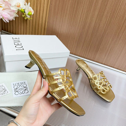 LOEWE 26S PETAL ANAGRAM KITTEN HEEL SANDALS 45MM IN GOLD SOFT CALFSKIN