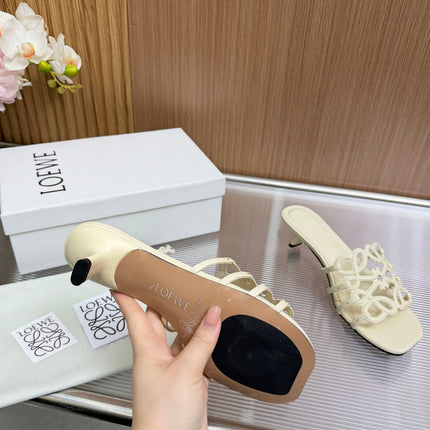 LOEWE 26S PETAL ANAGRAM KITTEN HEEL SANDALS 45MM IN CREAM WHITE SOFT CALFSKIN