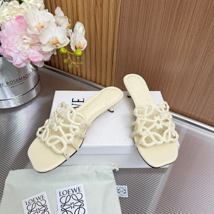 LOEWE 26S PETAL ANAGRAM KITTEN HEEL SANDALS 45MM IN CREAM WHITE SOFT CALFSKIN
