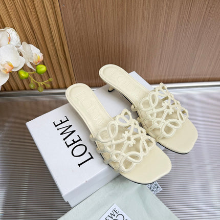 LOEWE 26S PETAL ANAGRAM KITTEN HEEL SANDALS 45MM IN CREAM WHITE SOFT CALFSKIN