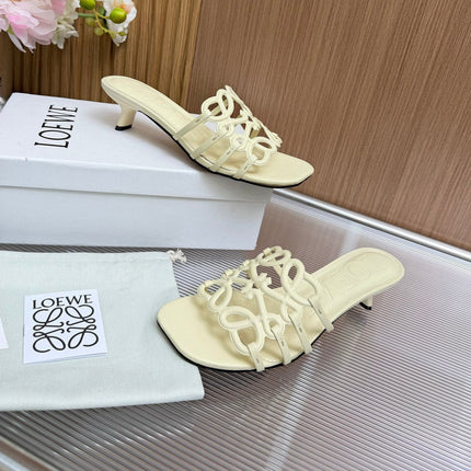 LOEWE 26S PETAL ANAGRAM KITTEN HEEL SANDALS 45MM IN CREAM WHITE SOFT CALFSKIN