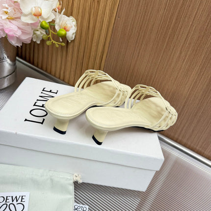 LOEWE 26S PETAL ANAGRAM KITTEN HEEL SANDALS 45MM IN CREAM WHITE SOFT CALFSKIN