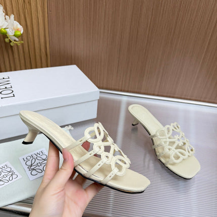 LOEWE 26S PETAL ANAGRAM KITTEN HEEL SANDALS 45MM IN CREAM WHITE SOFT CALFSKIN