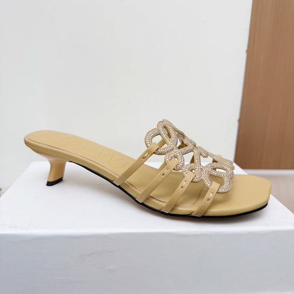 LOEWE 26S PETAL ANAGRAM SLIDE 45MM IN BEIGE SOFT CALFSKIN WITH CRYSTALS