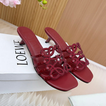 LOEWE 26S PETAL ANAGRAM SLIDE 45MM IN DARK RED SOFT CALFSKIN WITH CRYSTALS