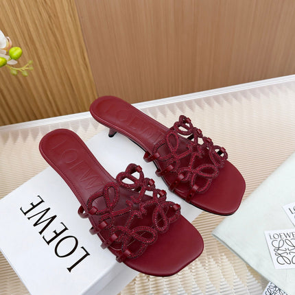 LOEWE 26S PETAL ANAGRAM SLIDE 45MM IN DARK RED SOFT CALFSKIN WITH CRYSTALS