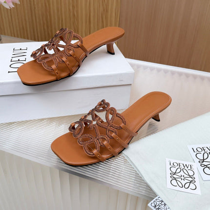 LOEWE 26S PETAL ANAGRAM SLIDE 45MM IN BURNT ORANGE SOFT CALFSKIN WITH CRYSTALS