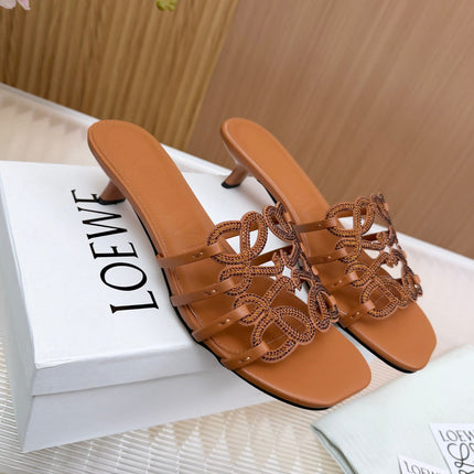 LOEWE 26S PETAL ANAGRAM SLIDE 45MM IN BURNT ORANGE SOFT CALFSKIN WITH CRYSTALS