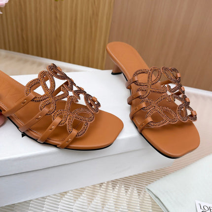 LOEWE 26S PETAL ANAGRAM SLIDE 45MM IN BURNT ORANGE SOFT CALFSKIN WITH CRYSTALS