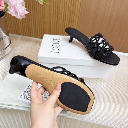LOEWE 26S PETAL ANAGRAM SLIDE 45MM IN BLACK SOFT CALFSKIN WITH CRYSTALS