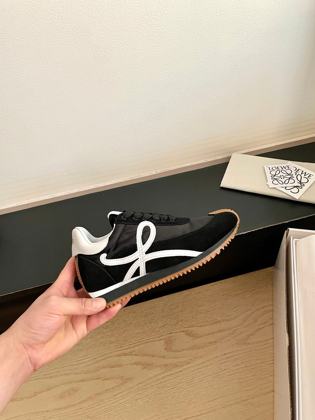 26S FLOW RUNNER SNEAKER IN BLACK SUEDE AND WHITE SHEEPSKIN
