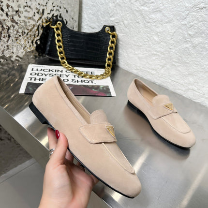 PRADA 26S CLASSIC LOAFERS IN NUDE BEIGE LOGO SUEDE