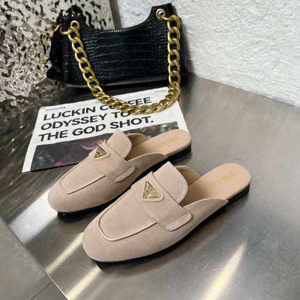 PRADA 26S MULE LOAFERS IN NUDE BEIGE SUEDE WITH LOGO