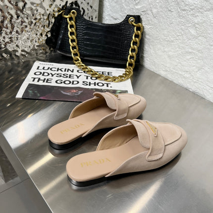 PRADA 26S MULE LOAFERS IN NUDE BEIGE SUEDE WITH LOGO