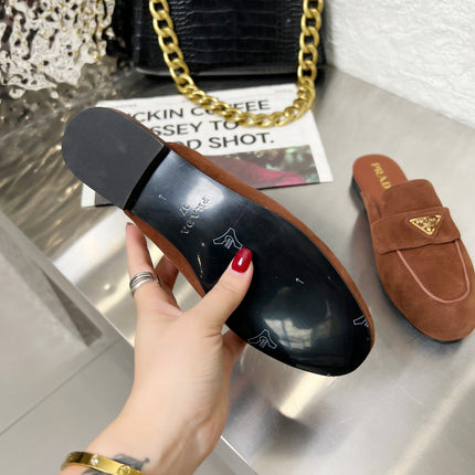 PRADA 26S MULE LOAFERS IN CHOCOLATE BROWN SUEDE WITH LOGO