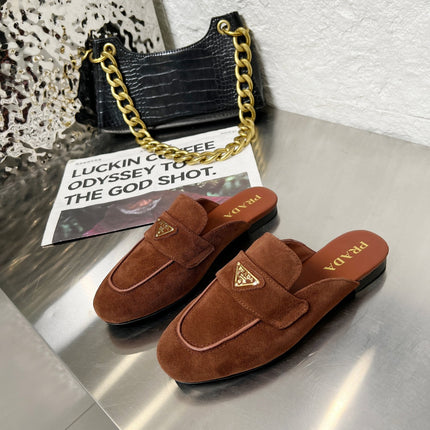 PRADA 26S MULE LOAFERS IN CHOCOLATE BROWN SUEDE WITH LOGO