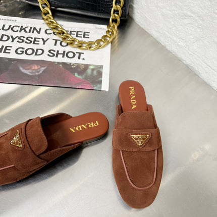 PRADA 26S MULE LOAFERS IN CHOCOLATE BROWN SUEDE WITH LOGO