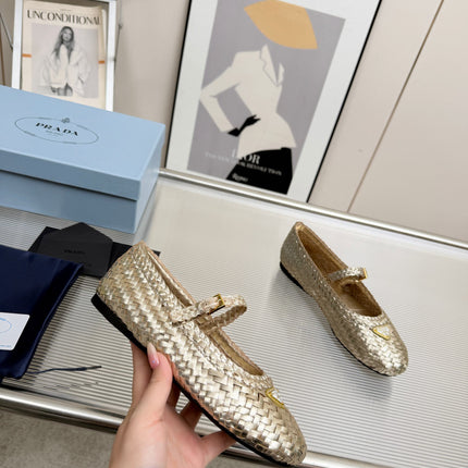 PRADA 26S MARY JANE FLATS IN GOLD WOVEN CALFSKIN