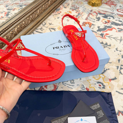 PRADA 26S THONG SANDALS IN RED CALFSKIN TRIANGLE LOGO