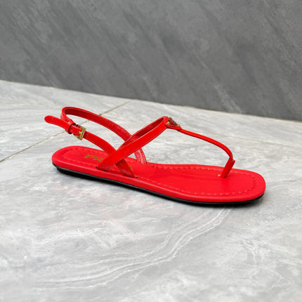 PRADA 26S THONG SANDALS IN RED CALFSKIN TRIANGLE LOGO
