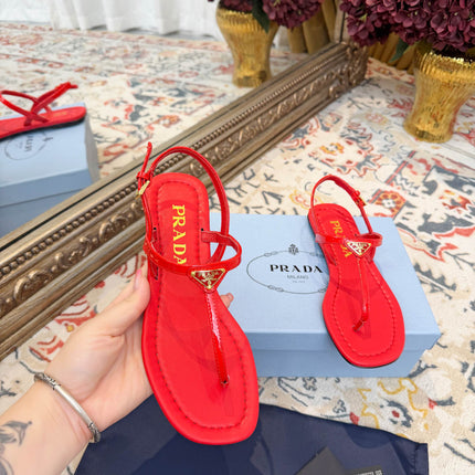 PRADA 26S THONG SANDALS IN RED CALFSKIN TRIANGLE LOGO