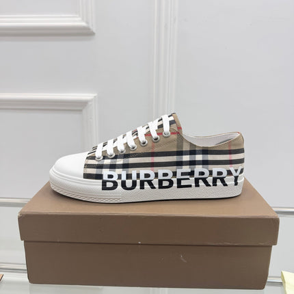 BURBERRY 26S LOGO CHECK LOW TOP SNEAKERS IN ARCHIVE BEIGE CANVAS