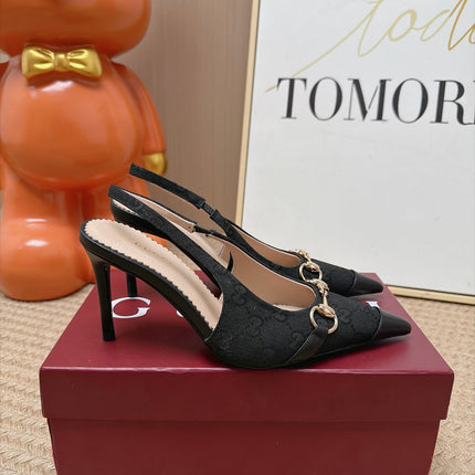 GUCCI 26S SLINGBACK HEELS 105 MM IN BLACK CANVAS MIX LAMBSKIN