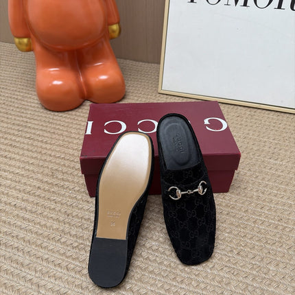 GUCCI 26S FLAT MULES IN BLACK GG EMBOSSED SUEDE
