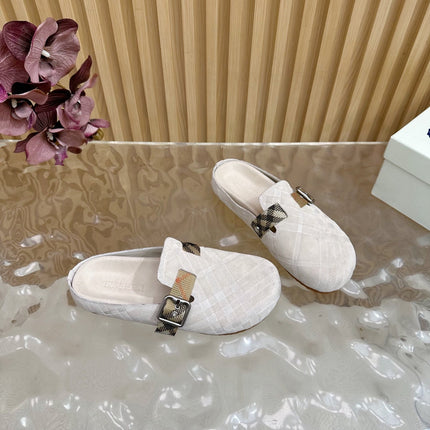 BURBERRY 26S PLAID BUCKLE MULES IN LIGHT BEIGE SUEDE