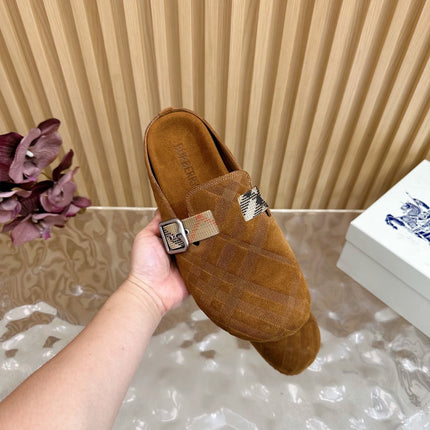 BURBERRY 26S PLAID BUCKLE MULES IN BROWN SUEDE