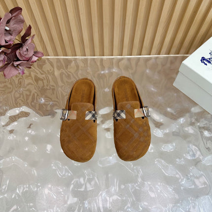 BURBERRY 26S PLAID BUCKLE MULES IN BROWN SUEDE