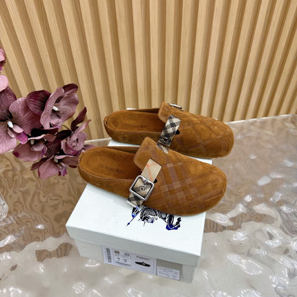 BURBERRY 26S PLAID BUCKLE MULES IN BROWN SUEDE