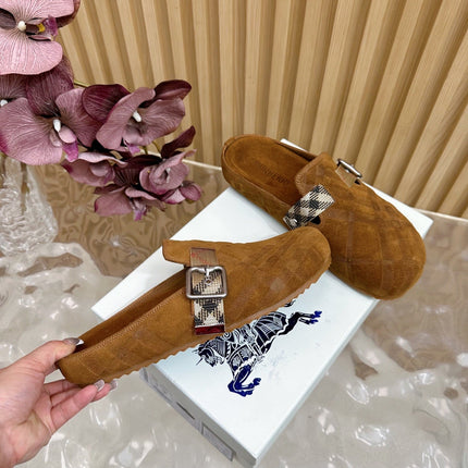 BURBERRY 26S PLAID BUCKLE MULES IN BROWN SUEDE