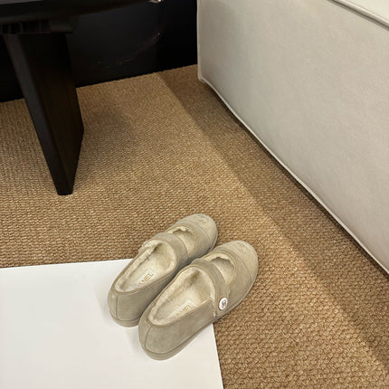 CHANEL 26S MARY JANE FLATS IN BEIGE SUEDE SHEARLING LINING CC LOGO