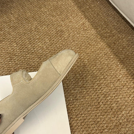 CHANEL 26S MARY JANE FLATS IN BEIGE SUEDE SHEARLING LINING CC LOGO