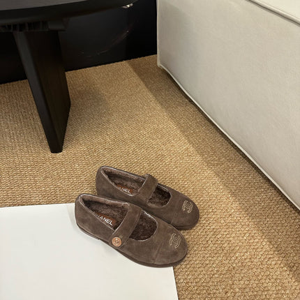 CHANEL 26S MARY JANE FLATS IN BROWN SUEDE SHEARLING LINING